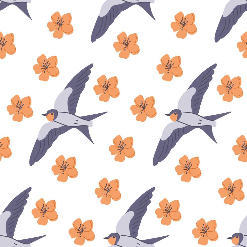 volador golondrina con flores floración sin costura modelo. lat mano dibujado de colores elementos en blanco antecedentes. único retro impresión diseño para textil, fondo de pantalla, interior, envase. primavera concepto vector