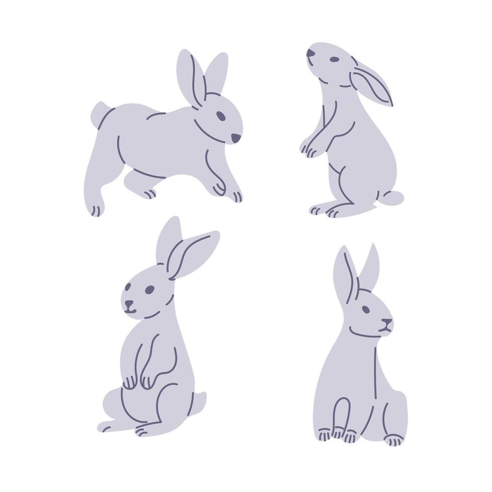 Set of flat hand drawn white bunnies in different poses. Sketchy hand drawn elements on white background. Ideal for decoration, stickers, greetings, banner and background. Spring concept vector