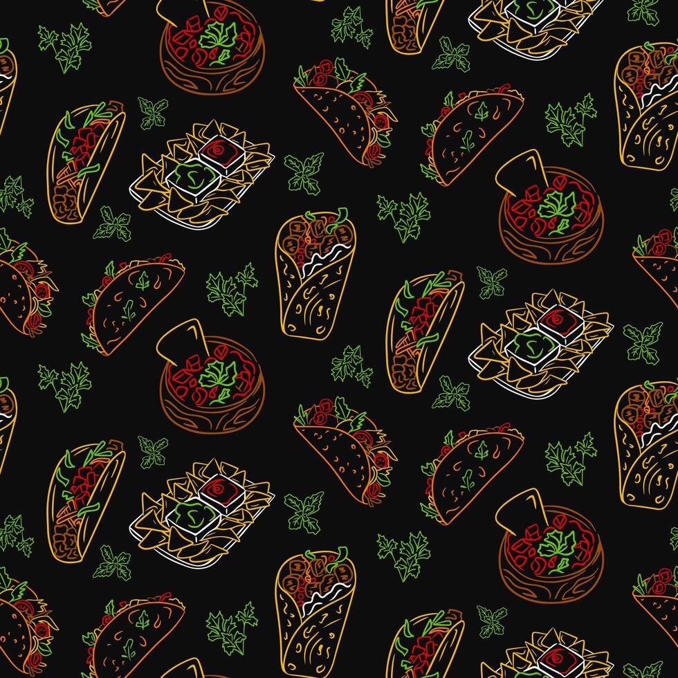 Pattern on black background with Mexican food. Vector contour drawings isolated on black background. Unique retro print design for textile, wallpaper, interior, wrapping