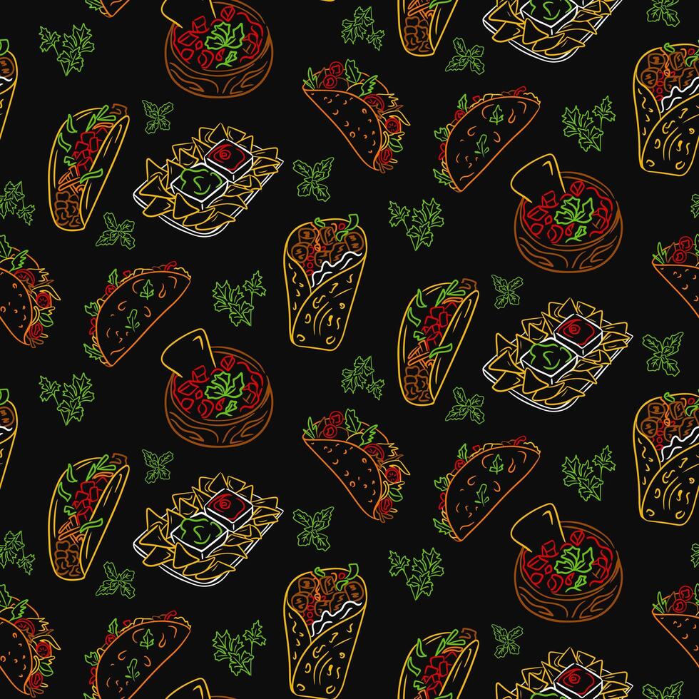 Pattern on black background with Mexican food. Vector contour drawings isolated on black background. Unique retro print design for textile, wallpaper, interior, wrapping