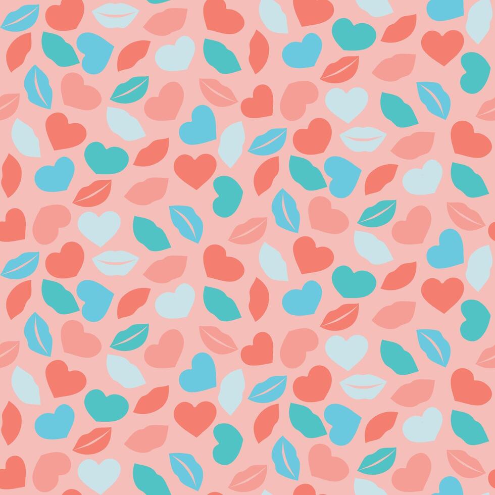 Seamless pattern with lips and hearts contour in pastel color. Hand drawn doodle drawing in trendy colors. Print design for textile, wallpaper, wrapping, background vector