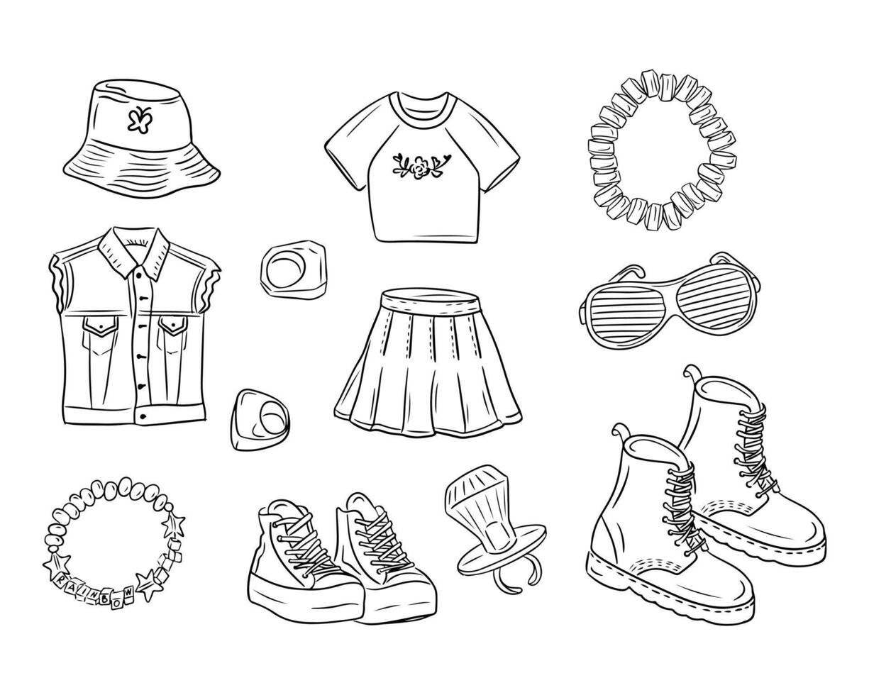 Retro 90s outfit with accessories in doodle style. Vector hand drawn outline sketchy drawings isolated on white background. Retro concept. Ideal for coloring pages, tattoo, pattern