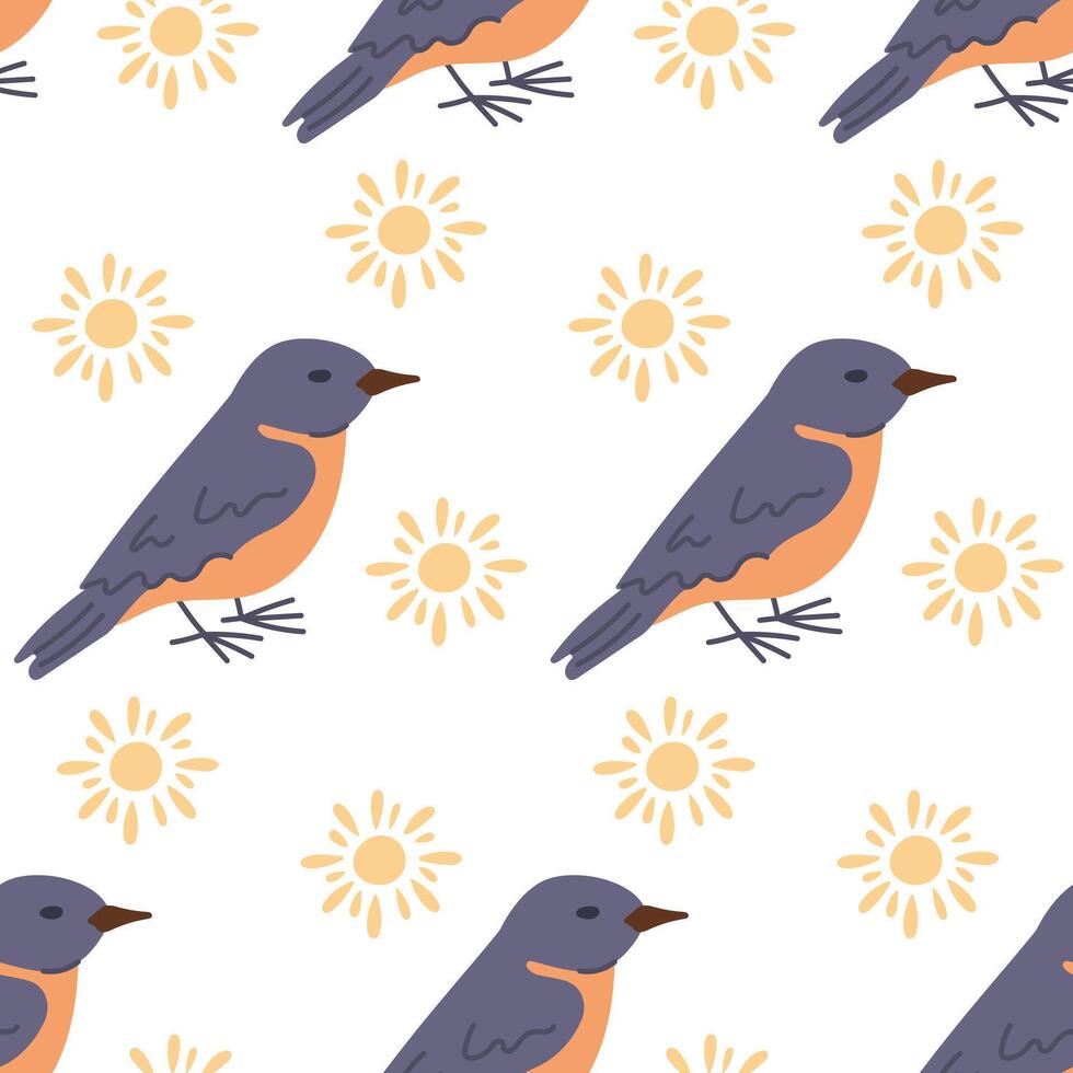 Sitting bird with abstract sun seamless pattern. Flat hand drawn colored elements on white background. Unique retro print design for textile, wallpaper, interior, wrapping. Spring concept vector