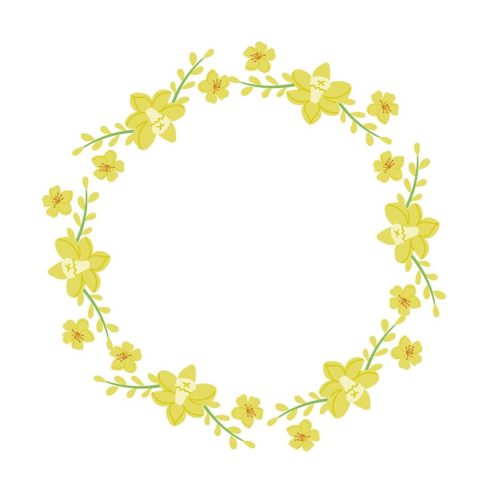 Spring floral wreath of daffodils. Easter concept. Vector template design for banner, poster, card. Modern floral frame