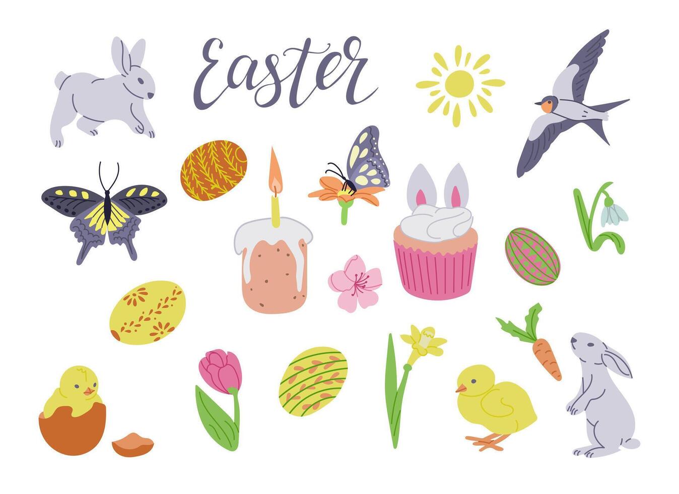 Easter collection with traditional items and food. Sketchy hand drawn elements on white background. Spring holiday concept. Ideal for decoration, stickers, greetings, banner and background vector