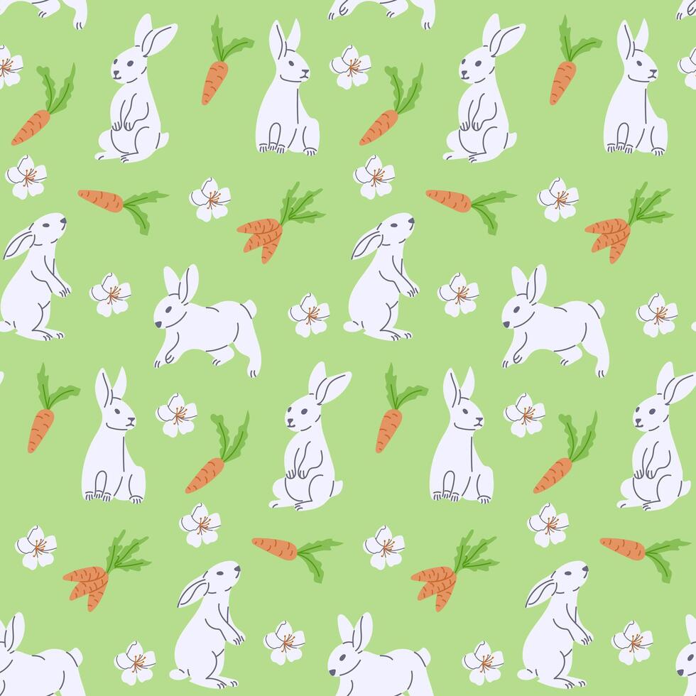 primavera modelo con blanco conejitos y zanahorias. plano mano dibujado blanco conejito en verde antecedentes. único retro impresión diseño para textil, fondo de pantalla, interior, envase vector