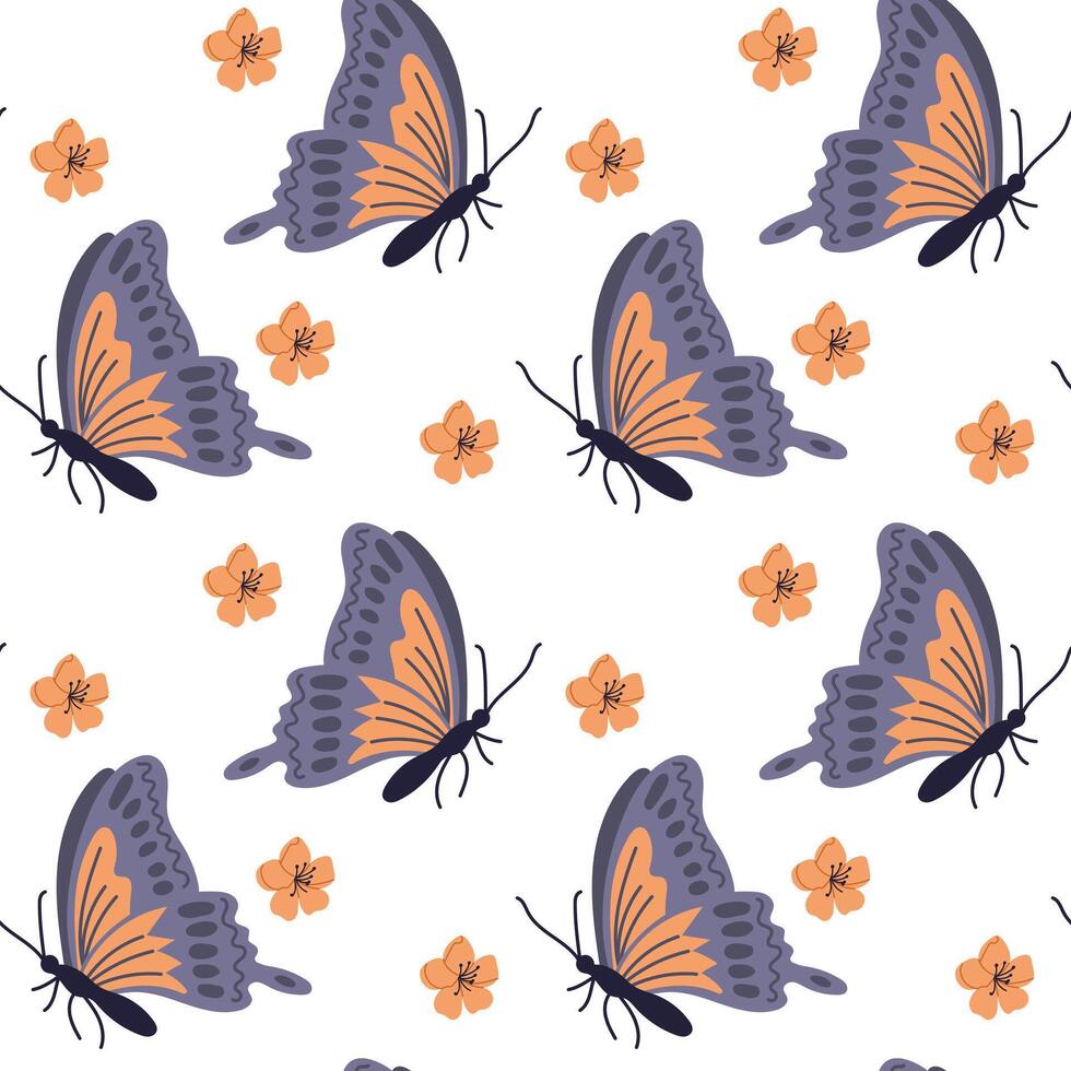 Spring butterfly with flowers seamless pattern. Flat hand drawn colored elements on white background. Unique print design for textile, wallpaper, interior, wrapping. Spring concept vector