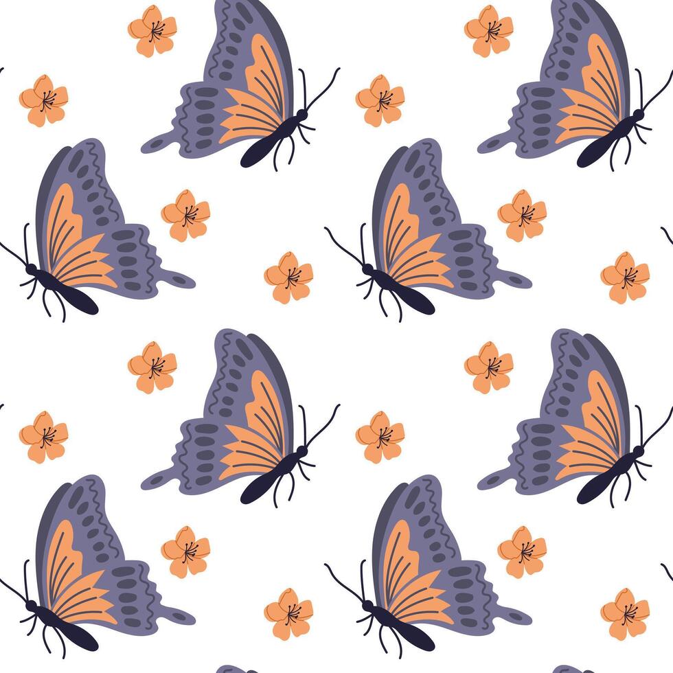 primavera mariposa con flores sin costura modelo. plano mano dibujado de colores elementos en blanco antecedentes. único impresión diseño para textil, fondo de pantalla, interior, envase. primavera concepto vector