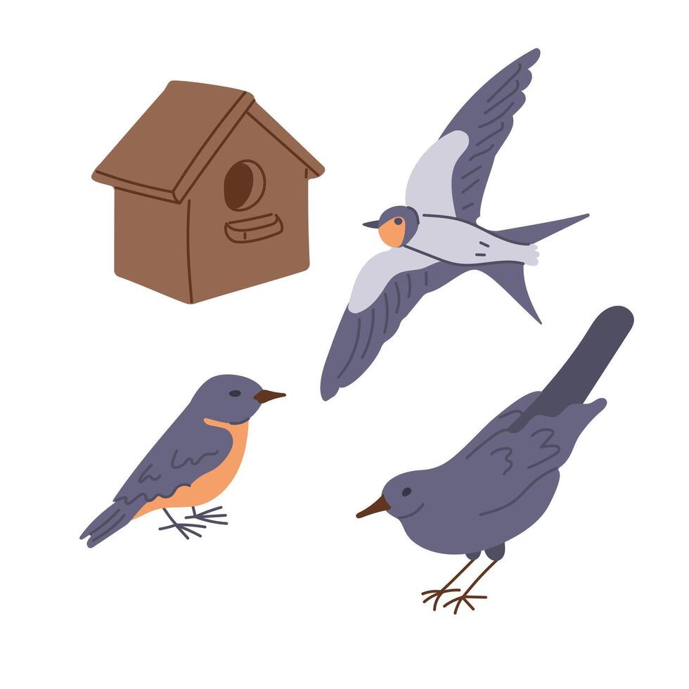 Set of hand drawn spring birds and birdhouse. Spring concept. Sketchy hand drawn elements on white background. Ideal for decoration, stickers, greetings, banner and background vector