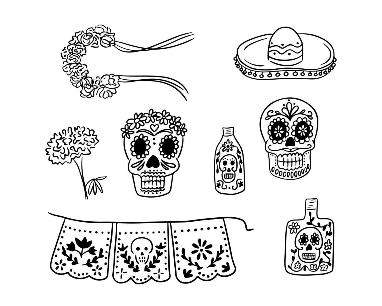 Black sketch drawings of items related to Dead day. Vector black outline drawings on white background. Ideal for decoration, coloring pages, stickers, tattoo, pattern