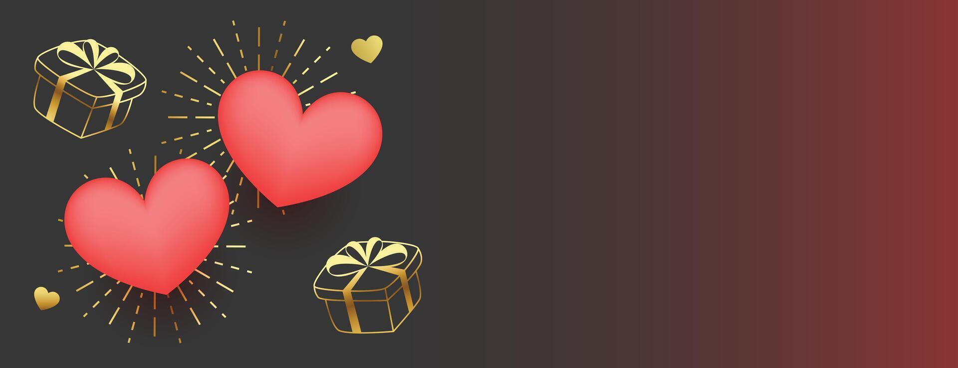 encantador san valentin día saludo bandera con 3d corazones y dorado regalo cajas vector