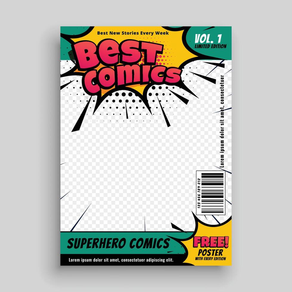 Superhero comic magazine front cover page design vector