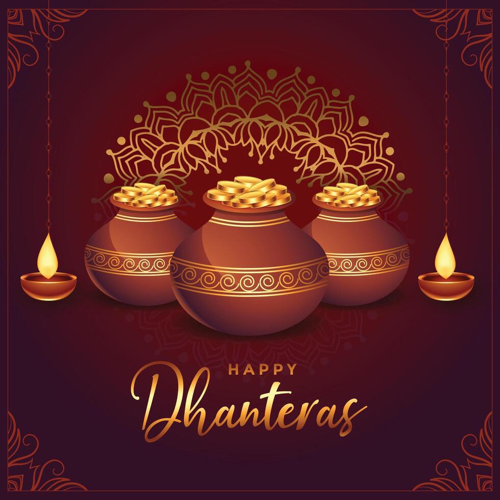 happy dhanteras golden coin pot and diya background vector