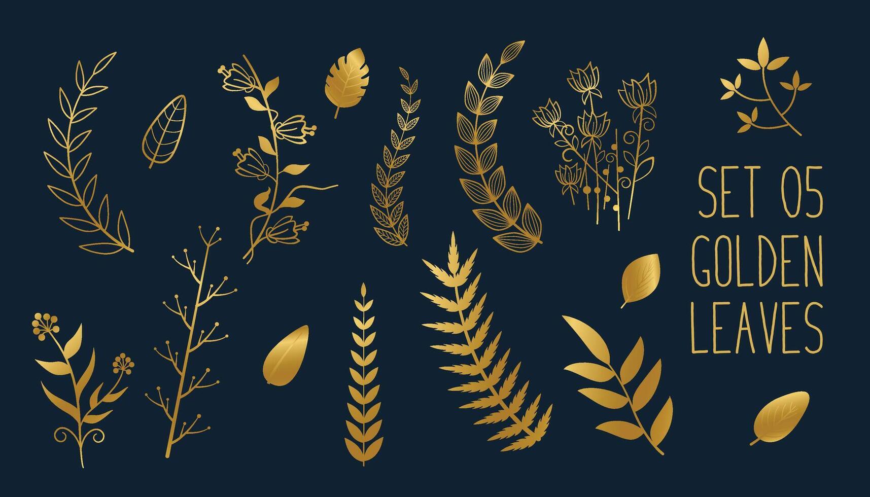 set of golden decorative leaves design vector