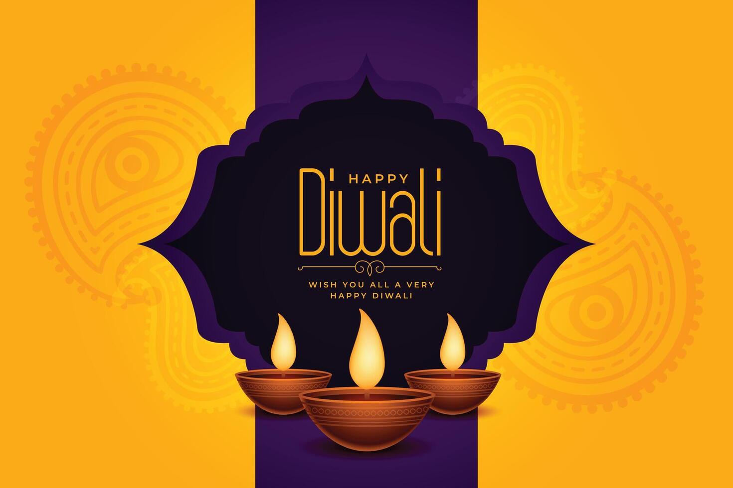 happy diwali greeting banner with diya in paisley background vector