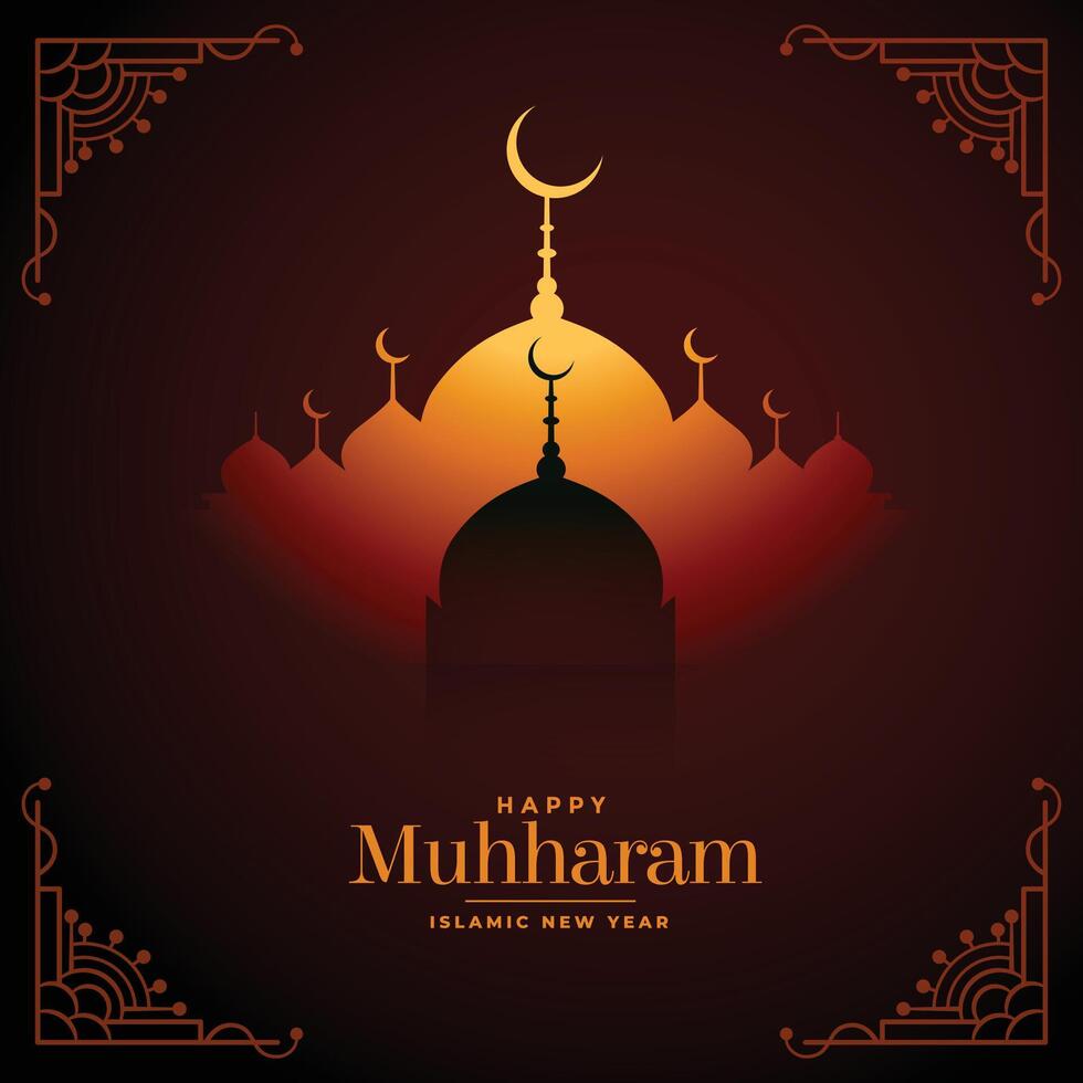 happy muharram wishes festival card with mosque design vector