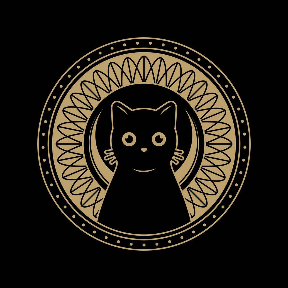 mysterious golden magical cat circle vector design