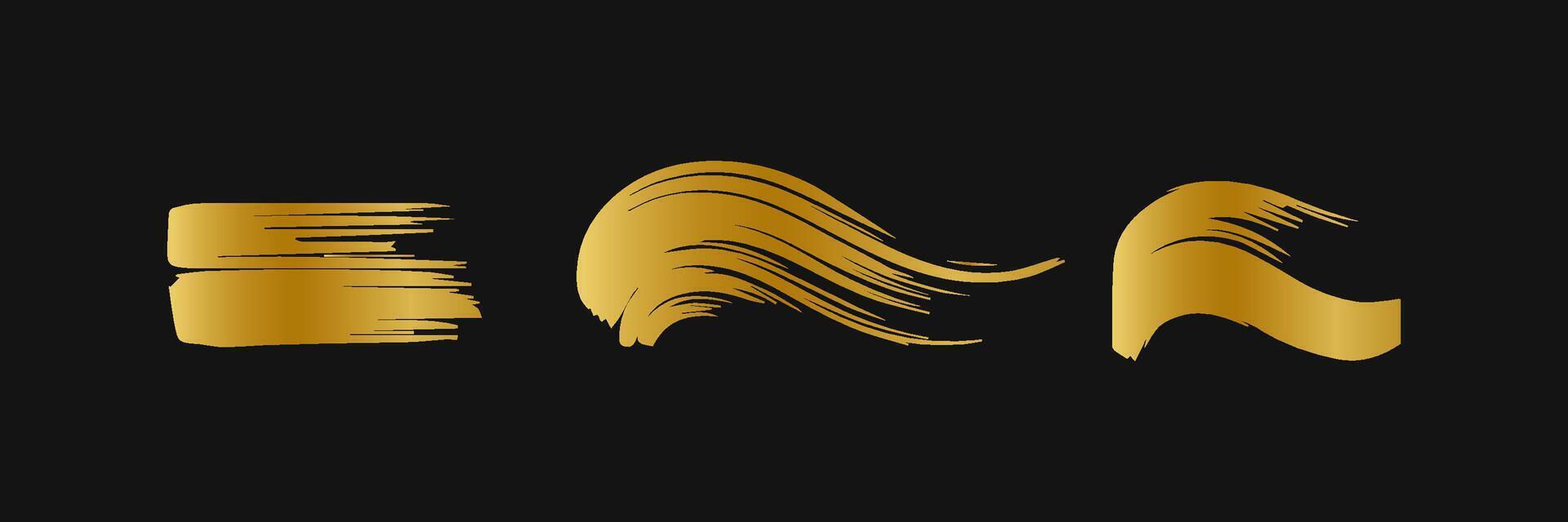 Golden paint brush stroke. Set of gold paint smear with glittering texture. Realistic gold brush stroke with metallic effect. Vector