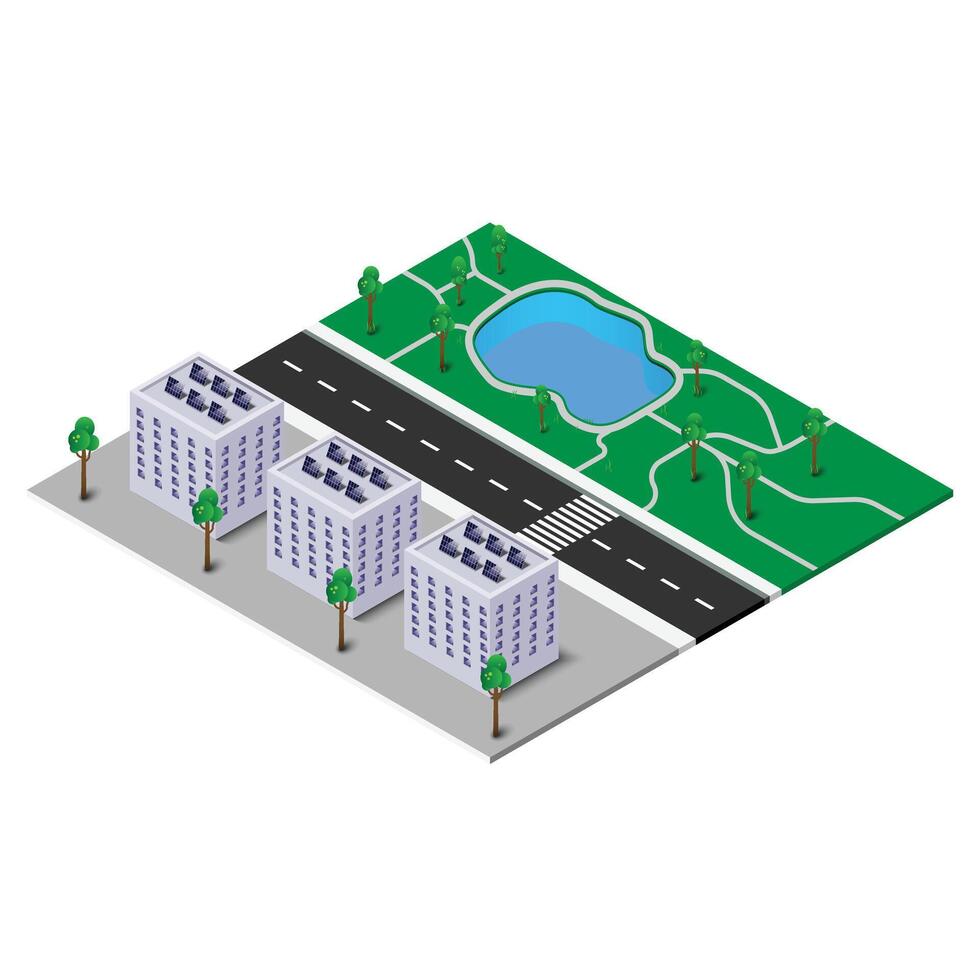 conjunto de alto calidad Tres dimensional ciudad elementos inteligente sostenible eco ciudad con residencial céntrico edificios y solar fuerza. aislado en blanco antecedentes. vector