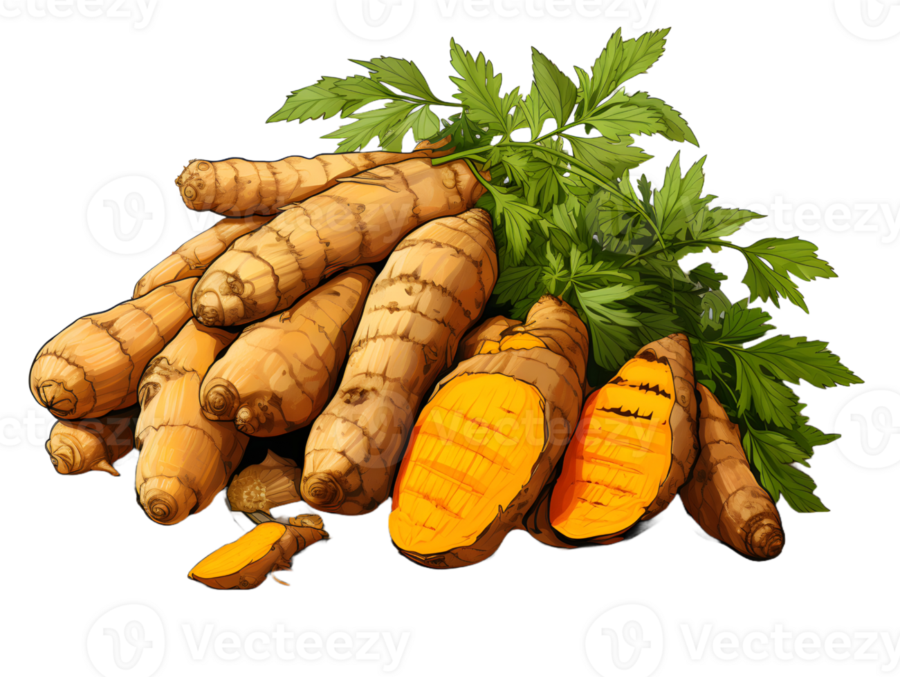 AI generated Turmeric Slices and Powder Isolated on Transparent Background. Curcuma Longa Linn. Generative Ai png