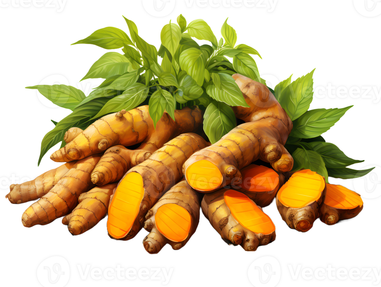 AI generated Turmeric Slices and Powder Isolated on Transparent Background. Curcuma Longa Linn. Generative Ai png