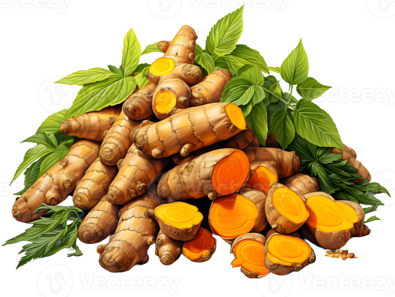 AI generated Turmeric Slices and Powder Isolated on Transparent Background. Curcuma Longa Linn. Generative Ai png