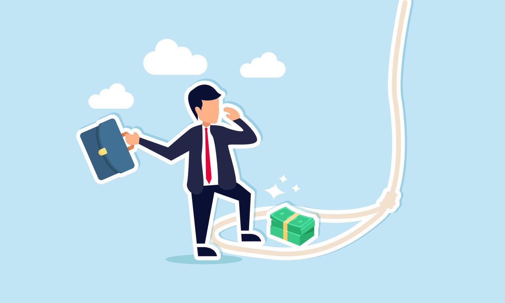 Money traps exploit greed, posing threats like fraud, attacking victims, leading to financial or investment concept, greed businessman try to step into tricky rope trap to get money banknotes bundle. vector