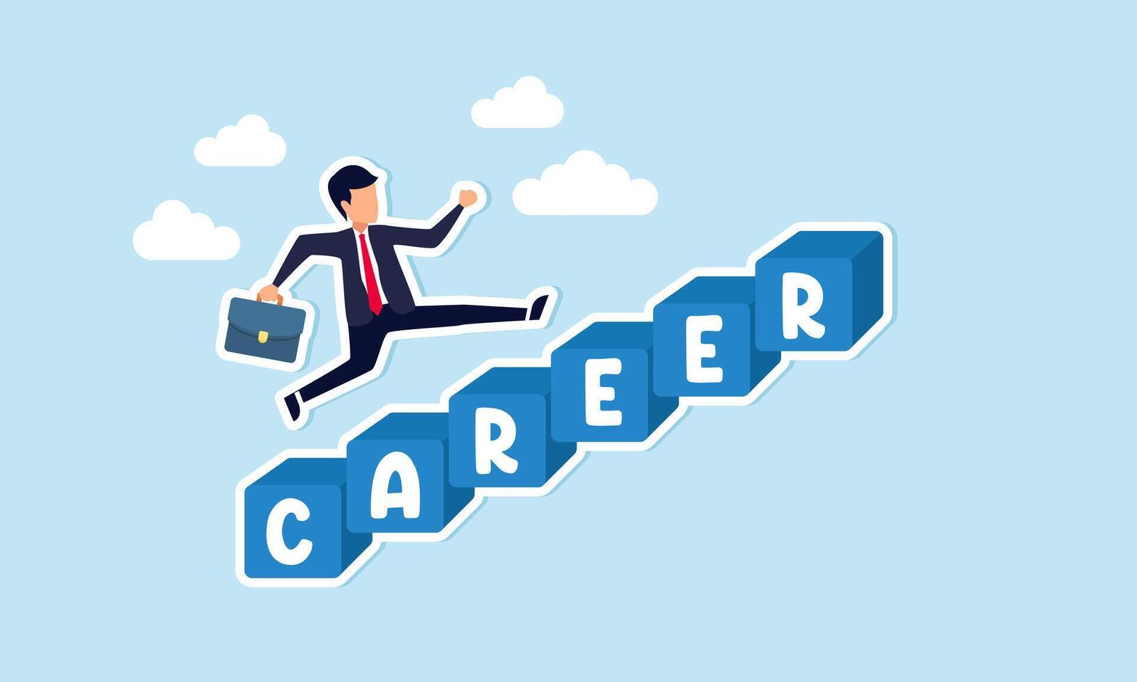 Career advancement personal growth, job promotion, experience, and increased responsibilities concept, smart confident businessman running fast on career stairway rising up to achieve success. vector