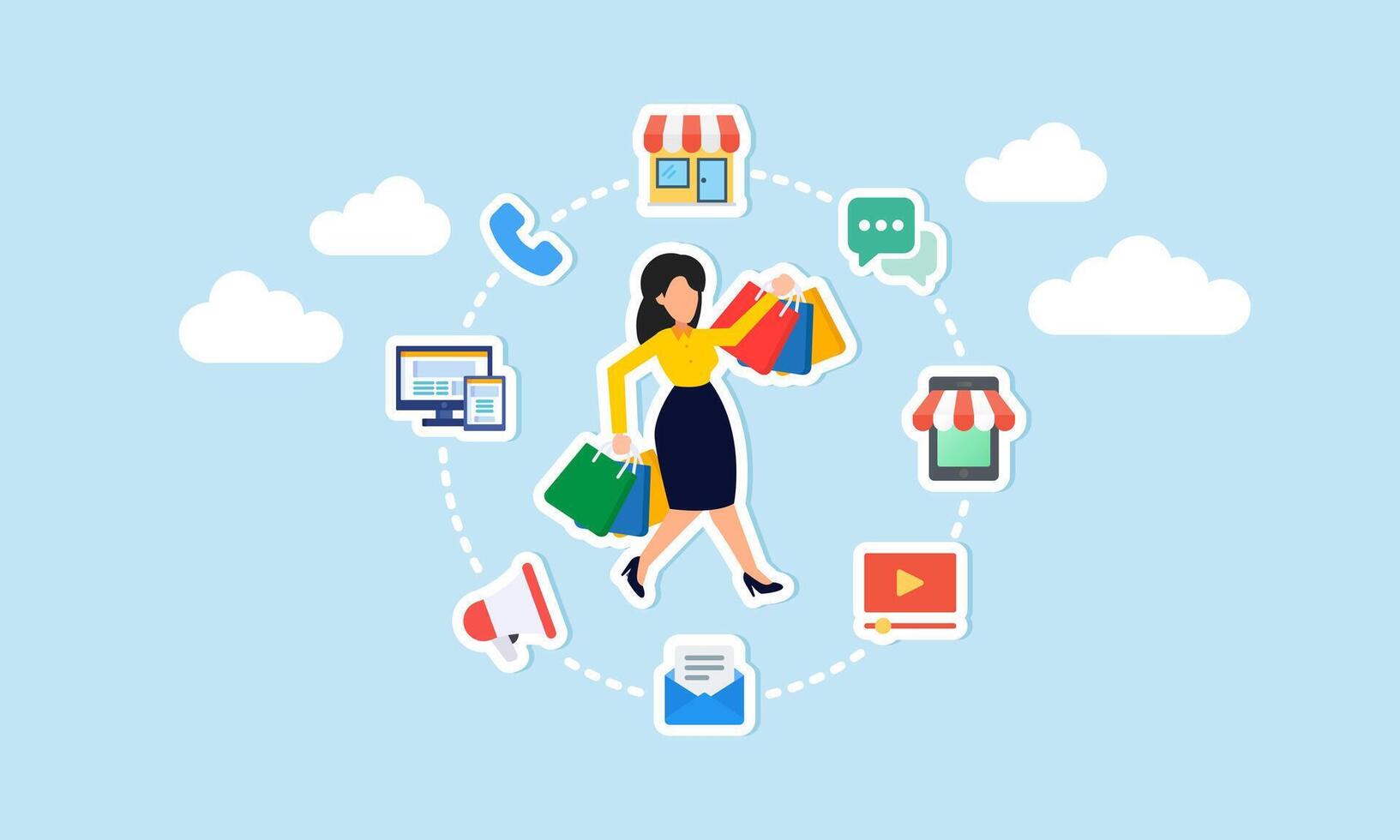 Omnichannel marketing offers multiple channels for customers to purchase products young woman customer with shopping bags buying from multi channel store website, mobile and other chat and call center vector