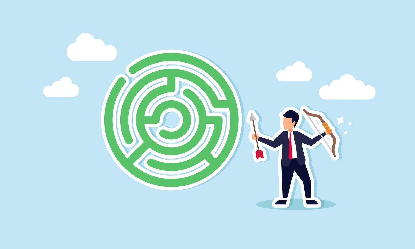 Seeking solutions to overcome obstacles and reach goals is the path to success. Like an archer aiming through a maze, a businessman navigates challenges to achieve targets vector