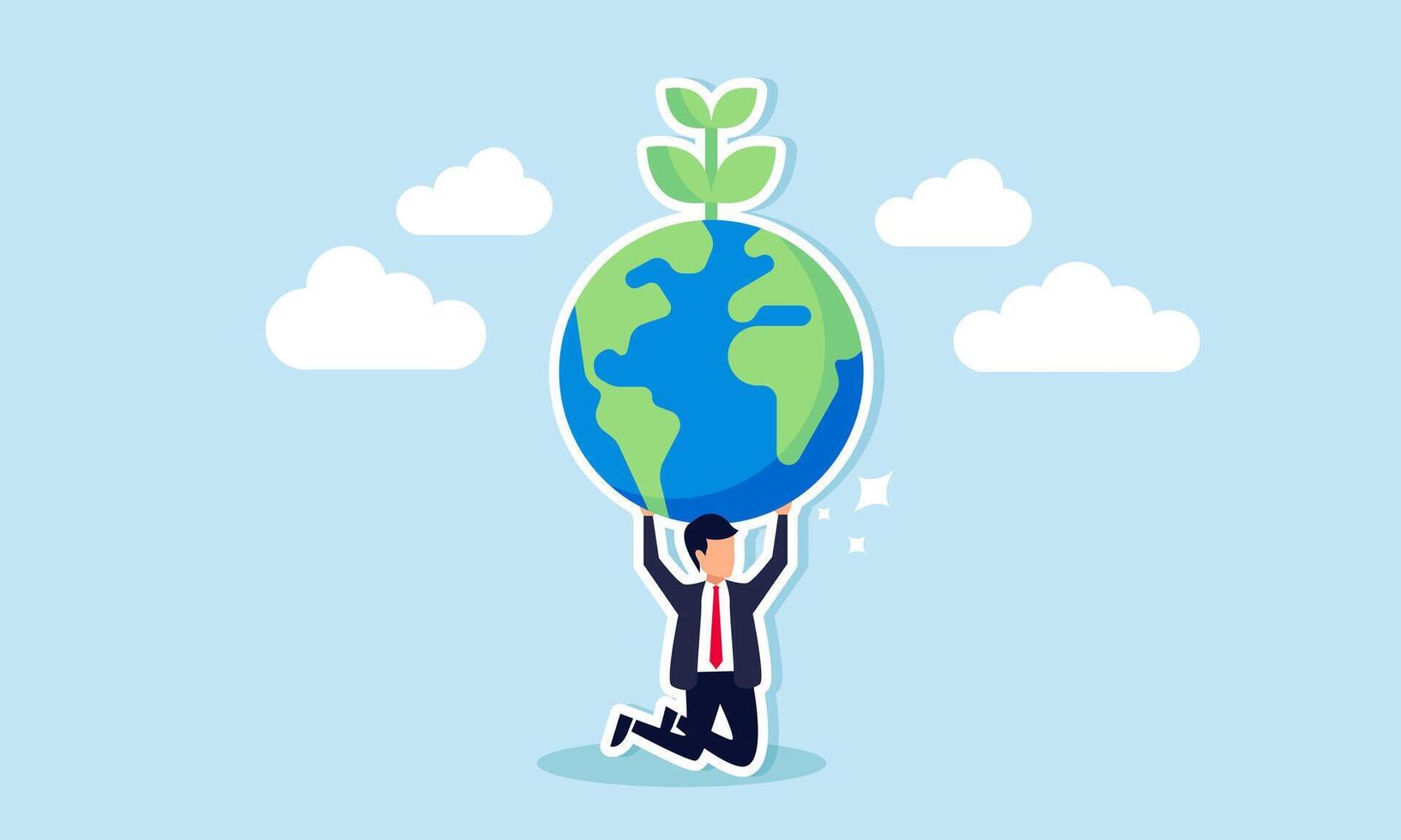 Addressing climate change and global warming is a shared responsibility. World leaders commit to preserving our planet as depicted by businessman in an Atlas pose carrying a green globe seedling plant vector