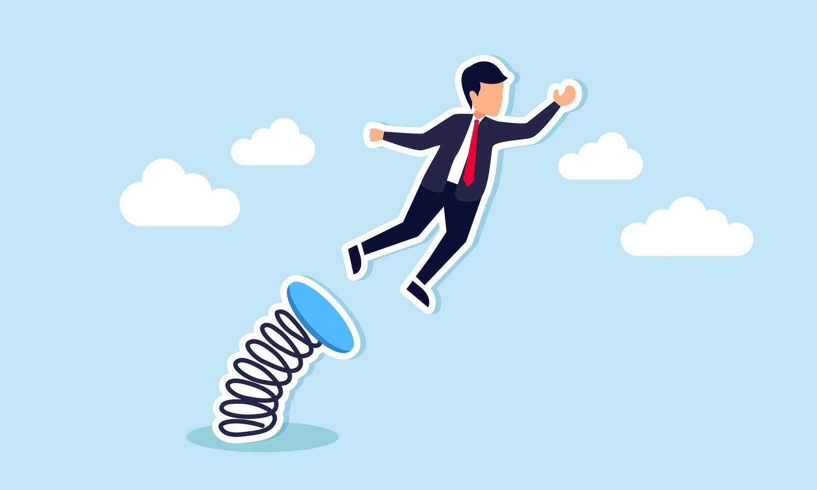 Boosting business growth, career advancement, or job promotion to higher positions fosters improvement concept, confidence businessman leader jumping springboard up high in the sky. vector