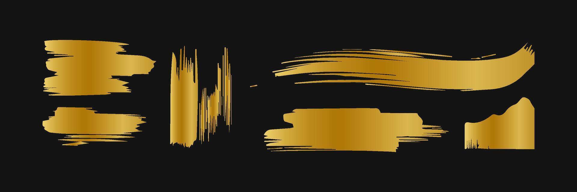 Golden paint brush stroke. Set of gold paint smear with glittering texture. Realistic gold brush stroke with metallic effect. Vector