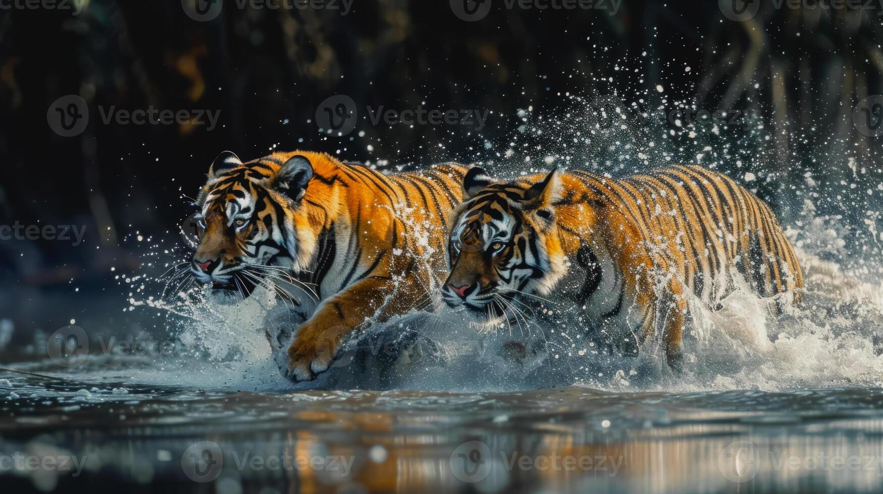 ai generado dos tigres son corriendo mediante el agua, salpicaduras y jugando foto