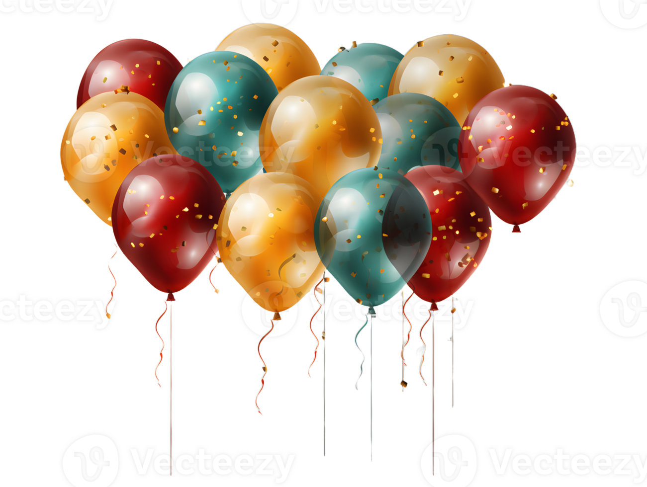 ai gegenereerd bundel van kleurrijk ballonnen met confetti geïsoleerd Aan transparant achtergrond. drijvend helium ballonnen. generatief ai png