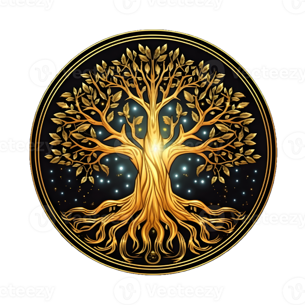 AI generated Golden Tree of Life Illustration with Round Shape Isolated on Transparent Background. Generative Ai png