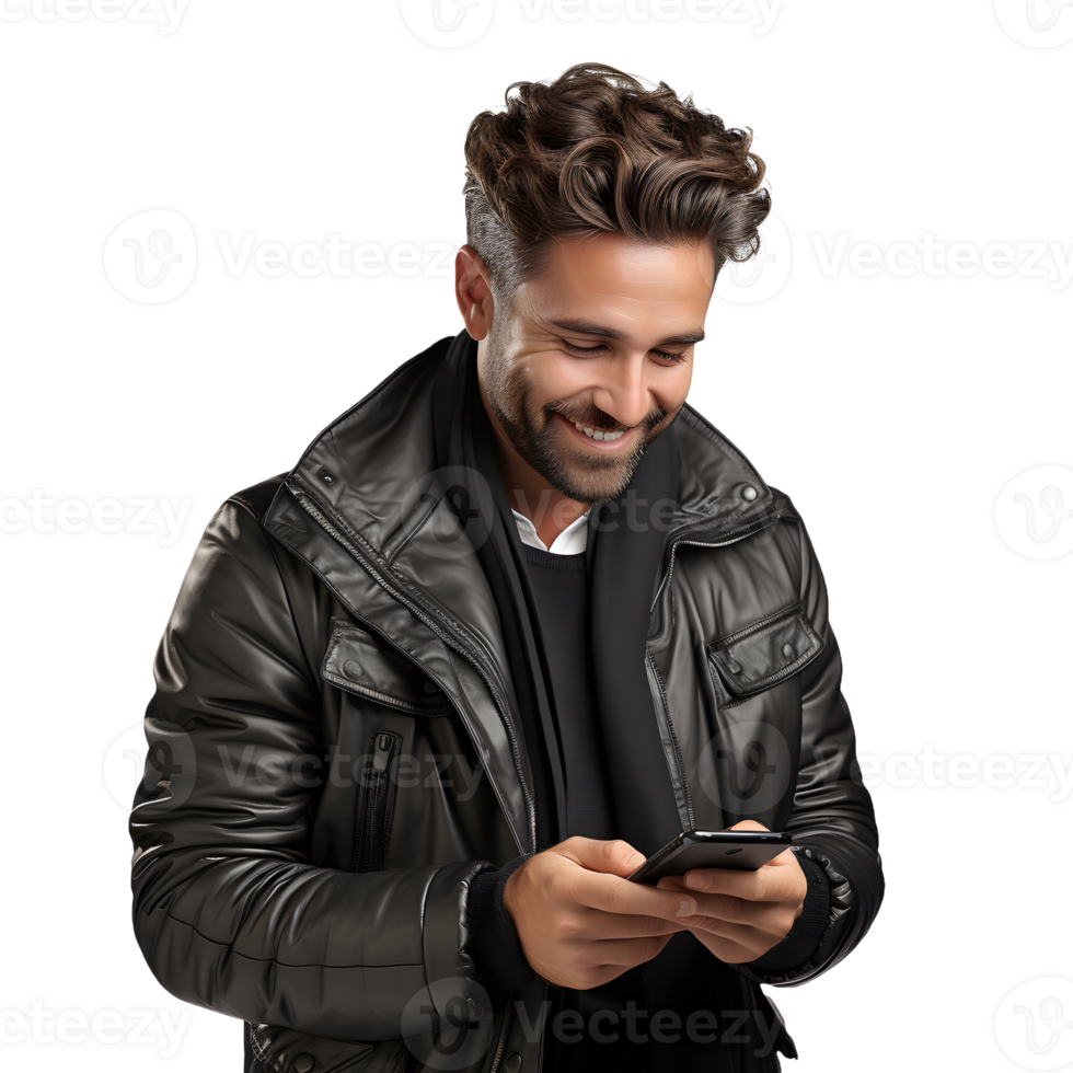 AI generated Young Man Using Smartphone Isolated on Transparent Background. Generative Ai png