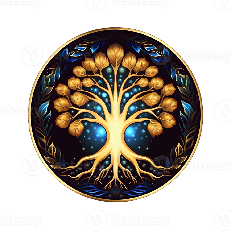 AI generated Golden Tree of Life Illustration with Round Shape Isolated on Transparent Background. Generative Ai png