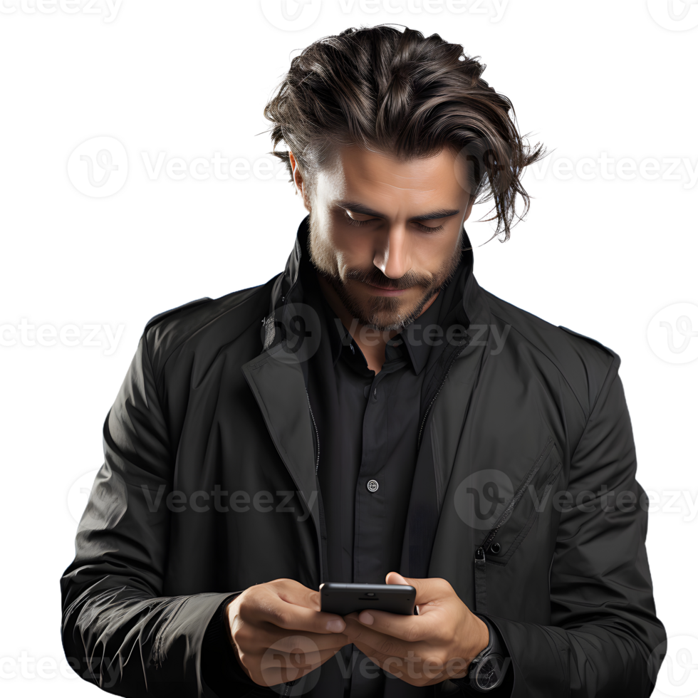 AI generated Young Man Using Smartphone Isolated on Transparent Background. Generative Ai png