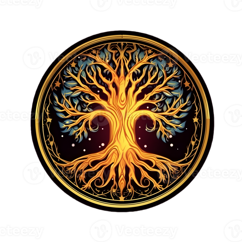 AI generated Golden Tree of Life Illustration with Round Shape Isolated on Transparent Background. Generative Ai png