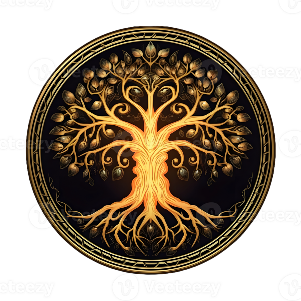 AI generated Golden Tree of Life Illustration with Round Shape Isolated on Transparent Background. Generative Ai png