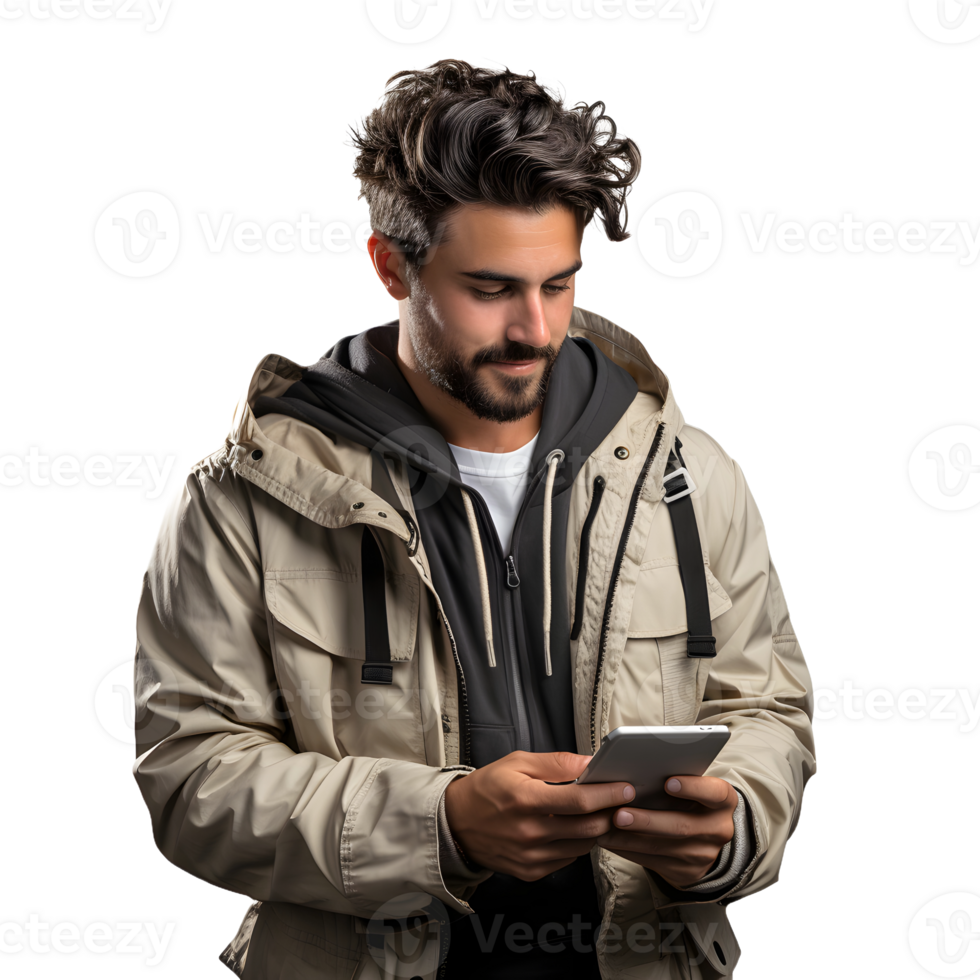 AI generated Young Man Using Smartphone Isolated on Transparent Background. Generative Ai png