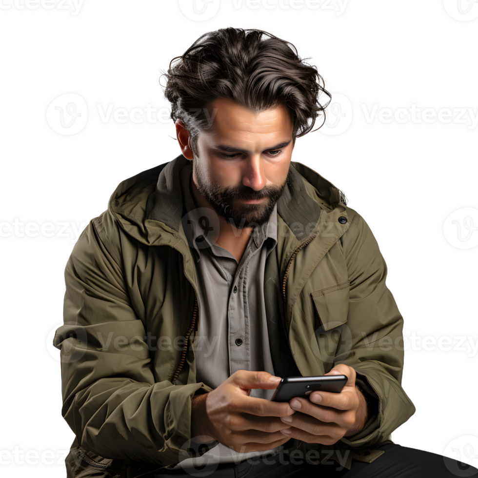 AI generated Young Man Using Smartphone Isolated on Transparent Background. Generative Ai png