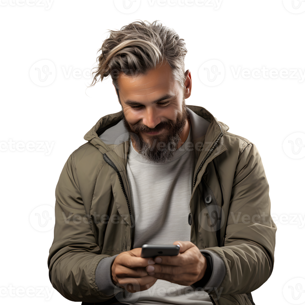 AI generated Young Man Using Smartphone Isolated on Transparent Background. Generative Ai png