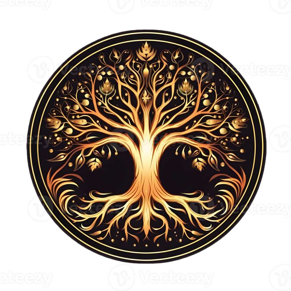 AI generated Golden Tree of Life Illustration with Round Shape Isolated on Transparent Background. Generative Ai png