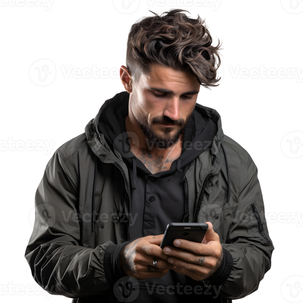AI generated Young Man Using Smartphone Isolated on Transparent Background. Generative Ai png