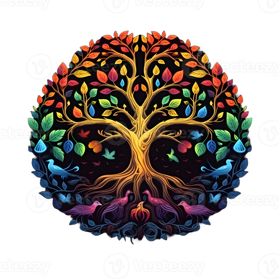 AI generated Colorful Tree of Life Illustration with Round Shape Isolated on Transparent Background. Generative Ai png