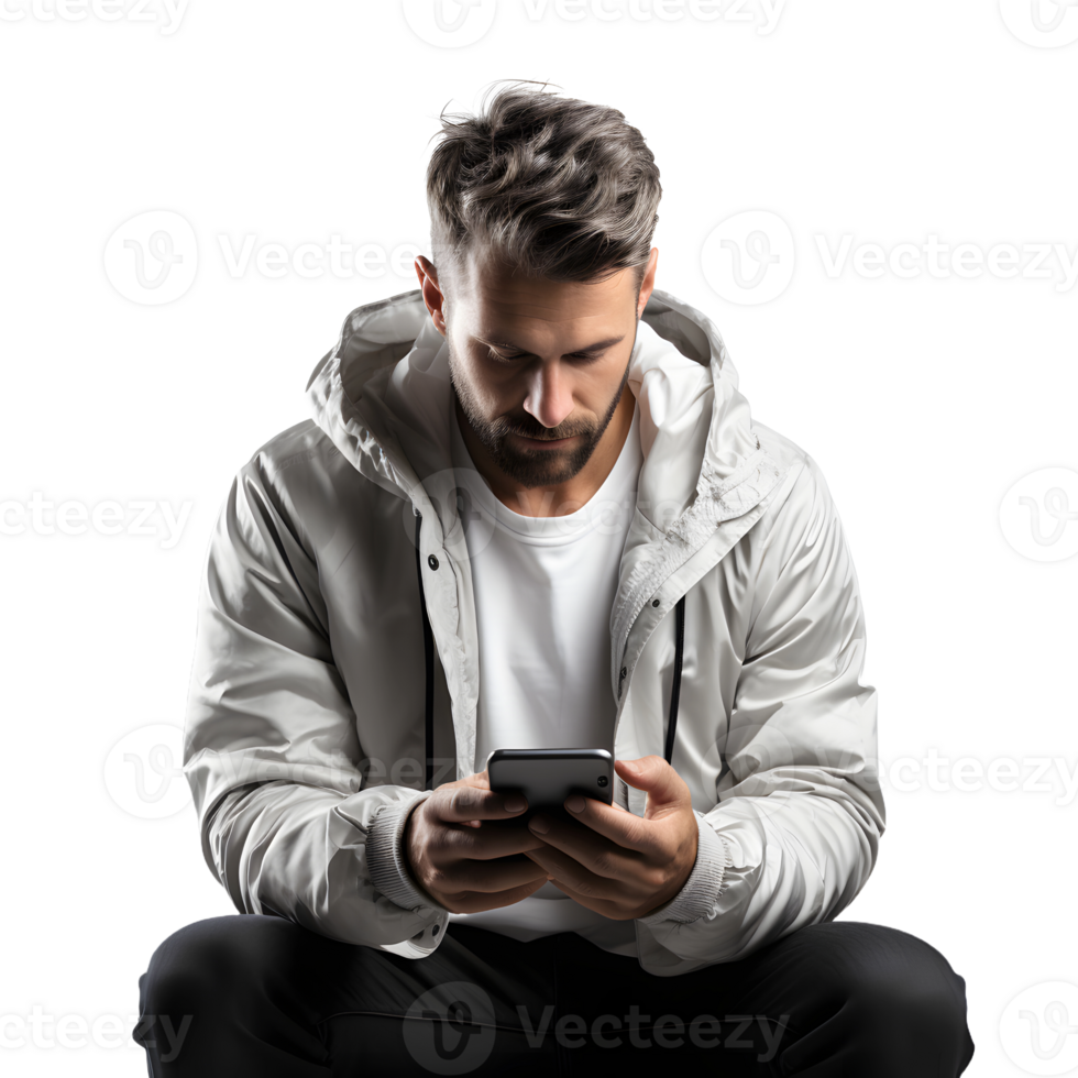 AI generated Young Man Using Smartphone Isolated on Transparent Background. Generative Ai png