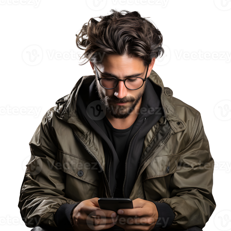 AI generated Young Man Using Smartphone Isolated on Transparent Background. Generative Ai png