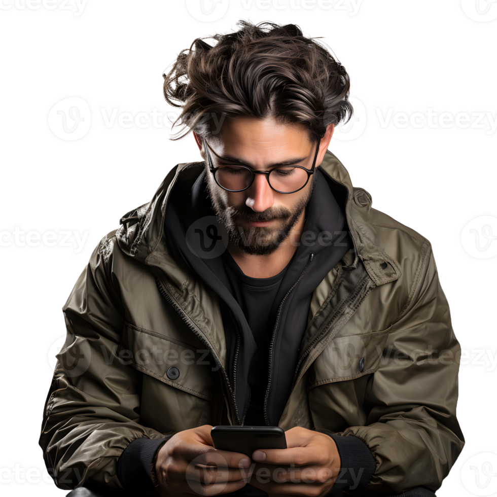 ai gerado jovem homem usando Smartphone isolado em transparente fundo. generativo ai png